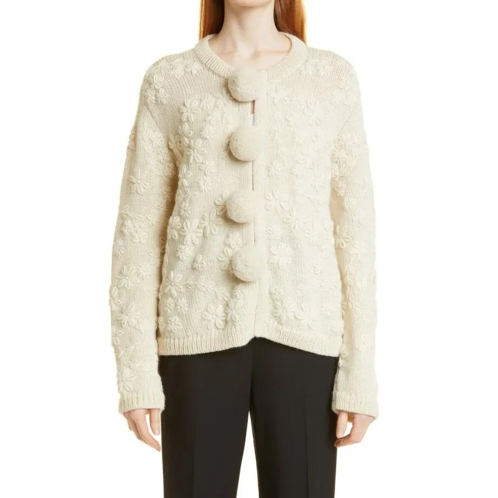 Rebecca Taylor Floral Embroidered Ivory Wool Women's XL Pom Pom Wool Cardigan